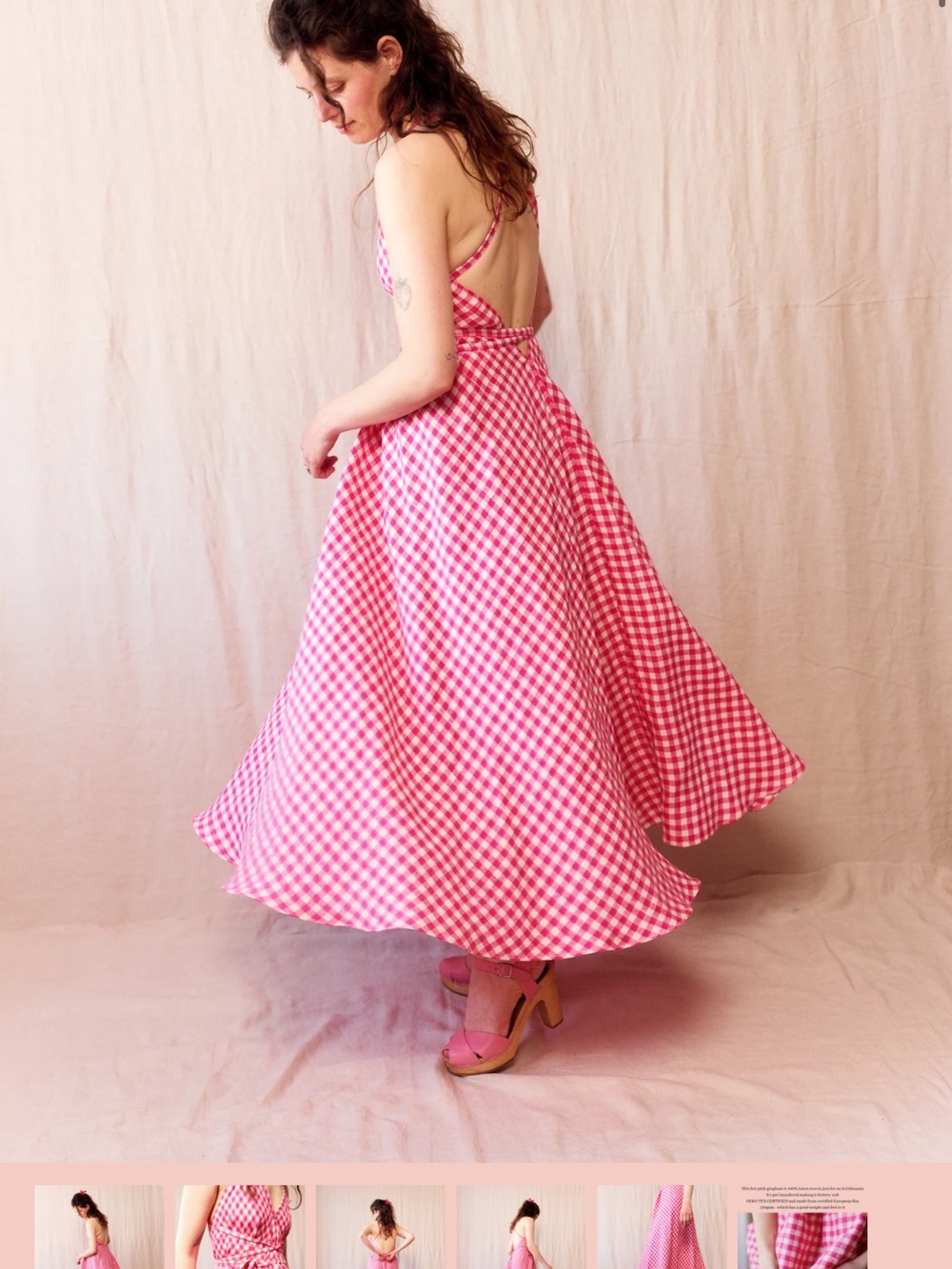 Green Gingham V-Neck Maxi Dress with Ruffle Hem